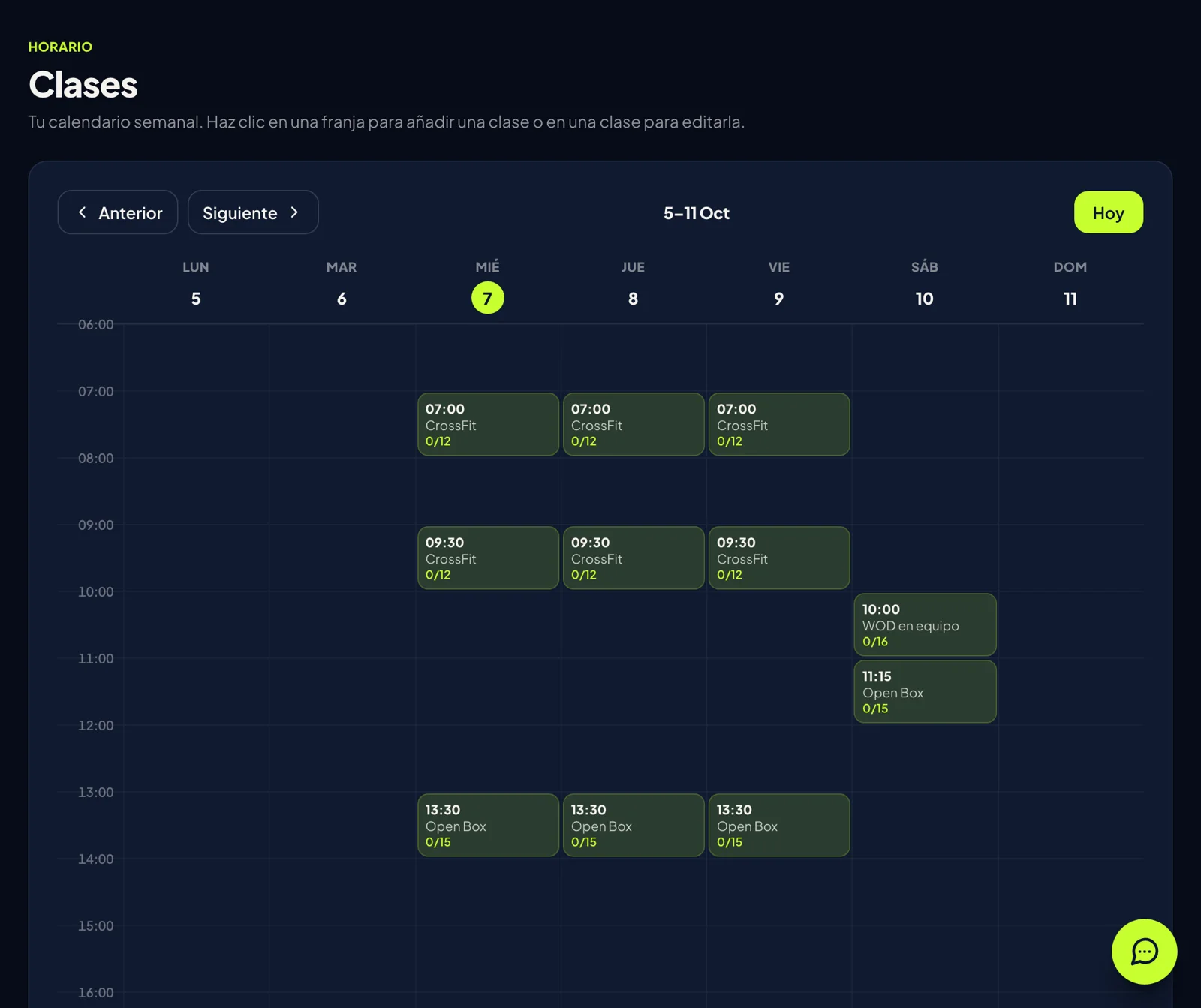 Pantalla del panel: Abre «Horario»