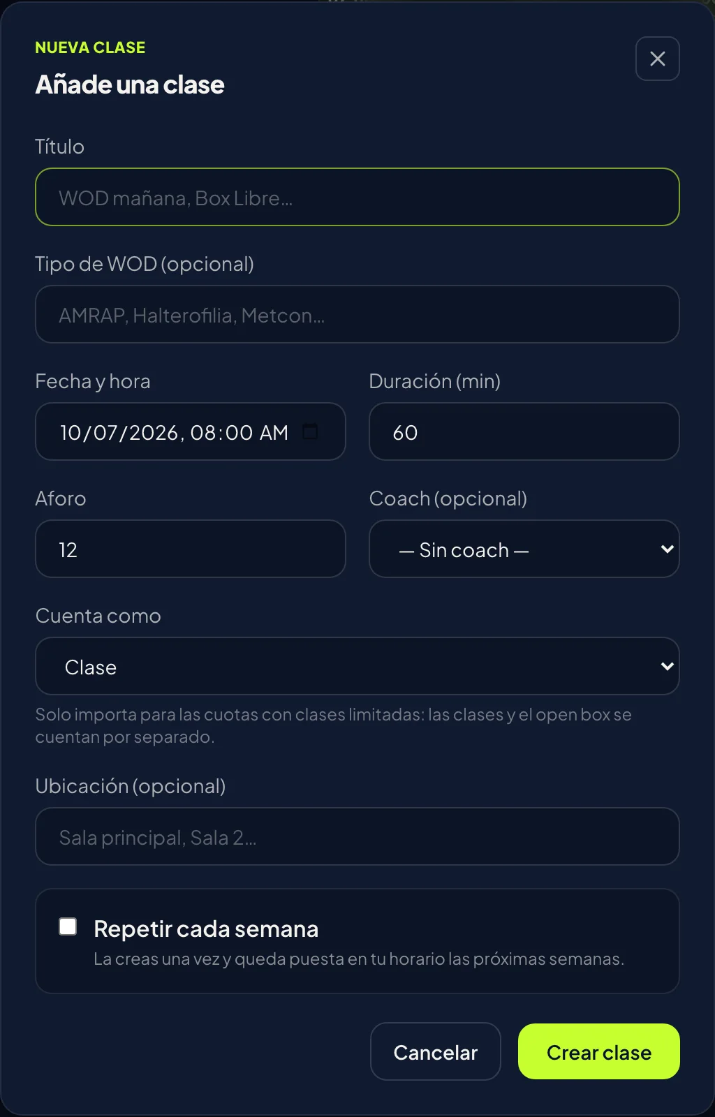 Pantalla del panel: Crea una clase