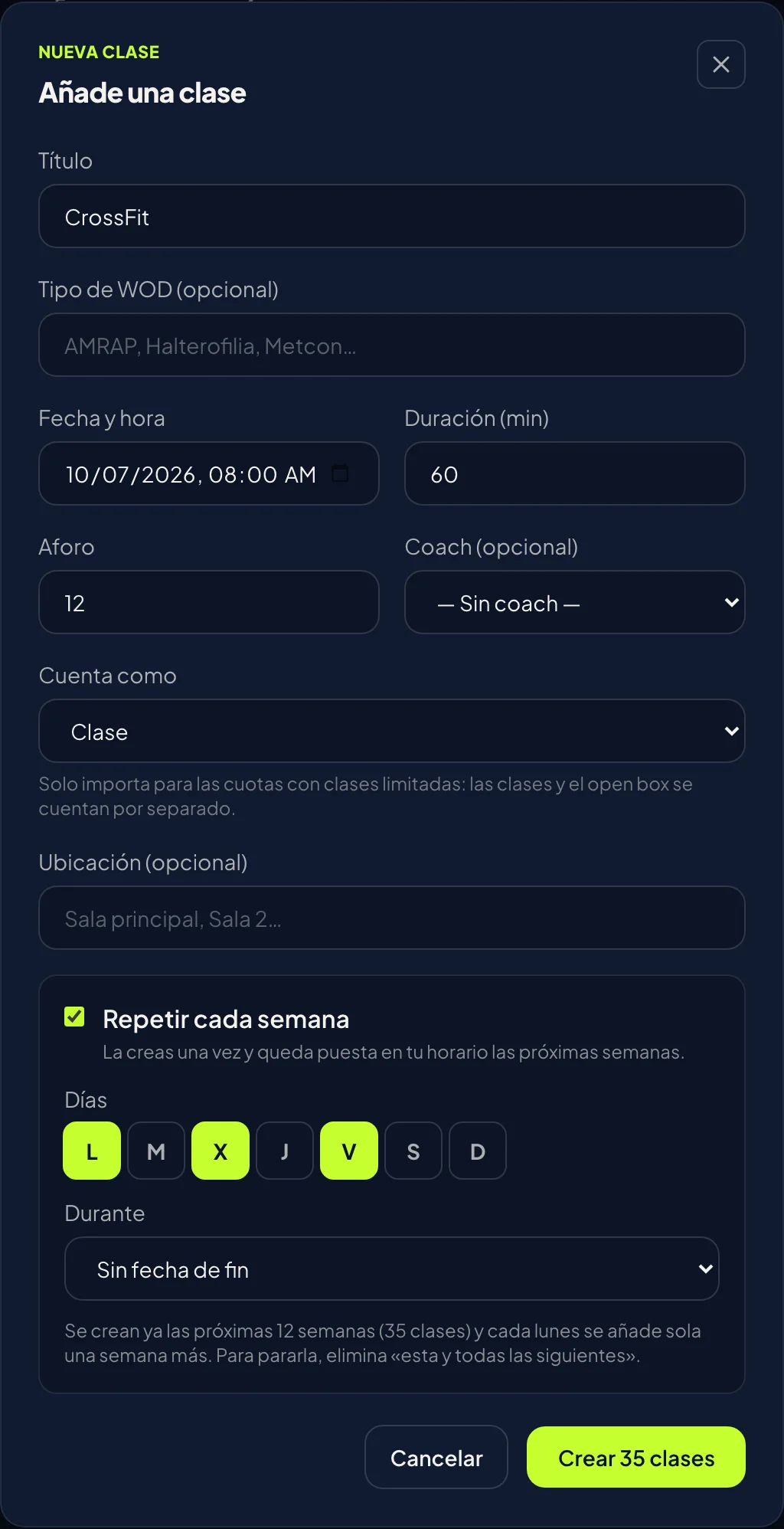 Pantalla del panel: Repítela cada semana