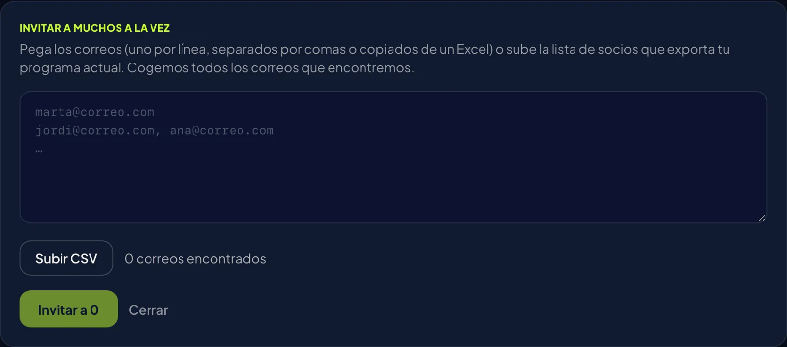 Pantalla del panel: Invita a todos de golpe