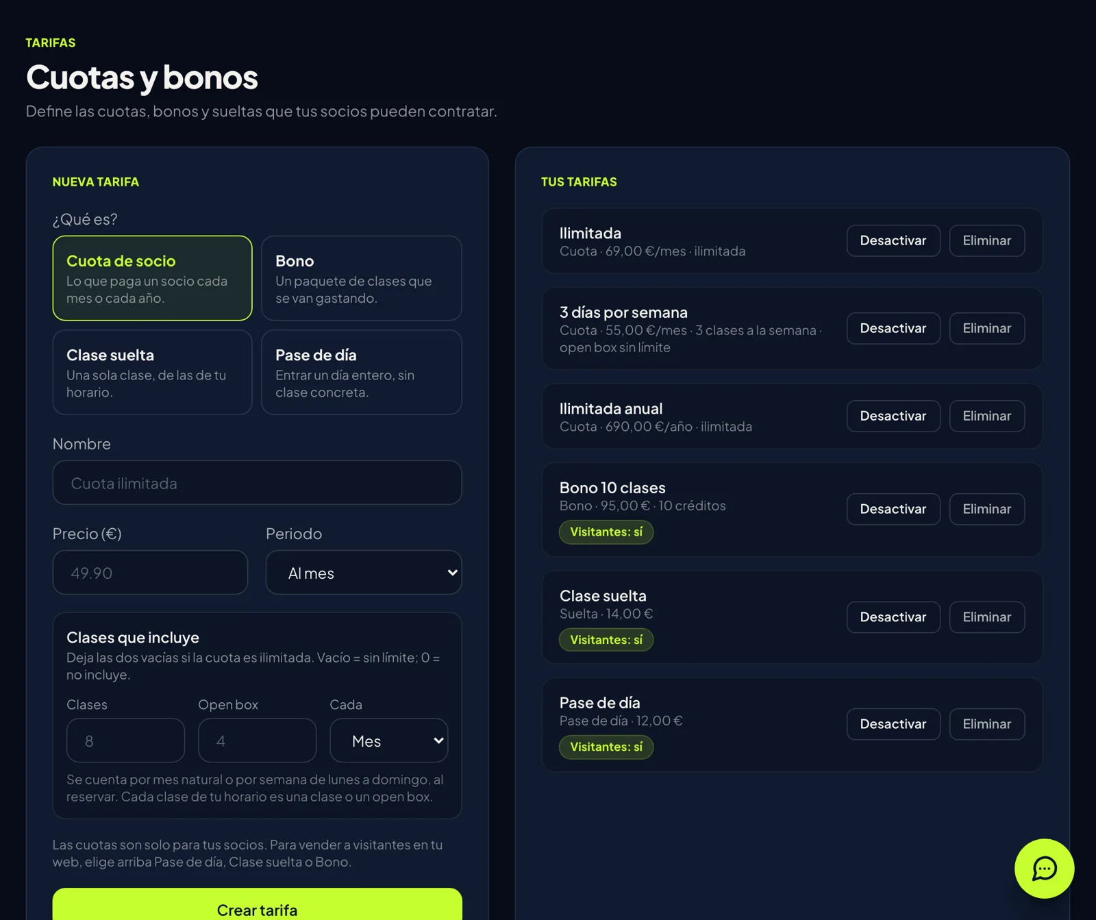 Pantalla del panel: Abre «Tarifas»