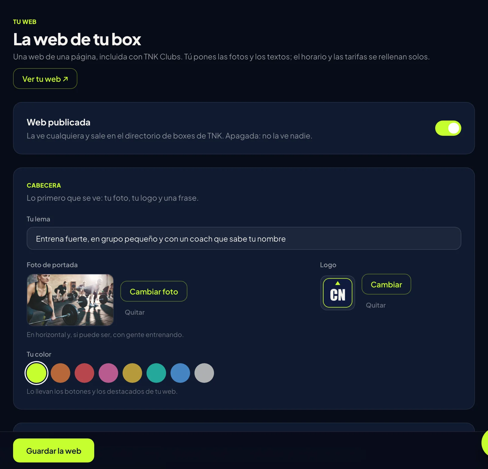 Pantalla del panel: Abre «Tu web»