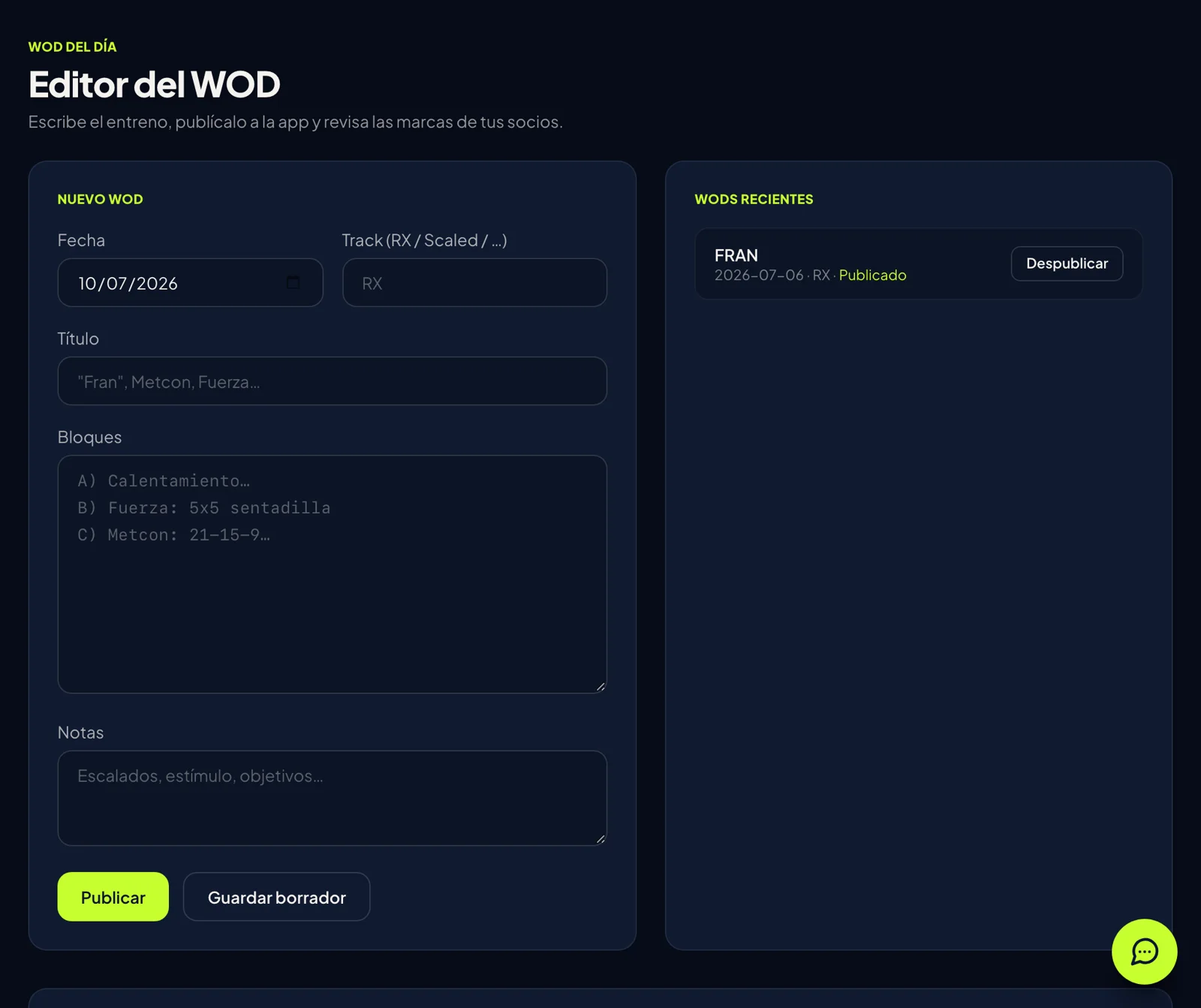 Pantalla del panel: Escribe el WOD de hoy
