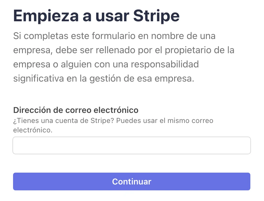 Pantalla de Stripe: Crea tu cuenta de Stripe