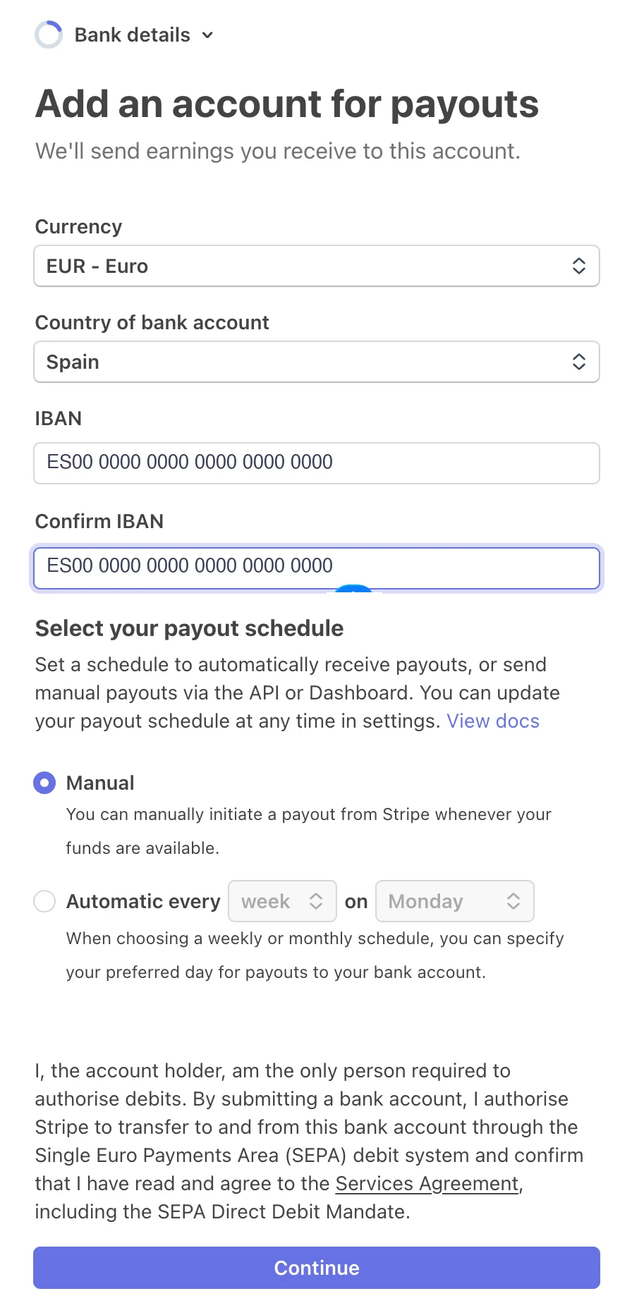 Pantalla de Stripe: Tu cuenta del banco
