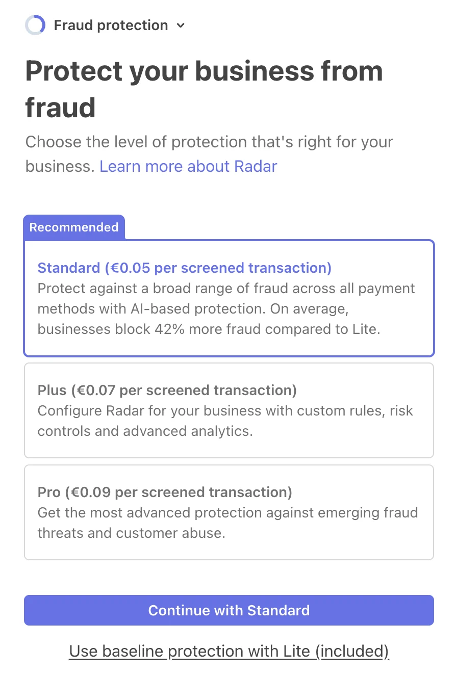 Pantalla de Stripe: Protección contra fraude: elige la incluida
