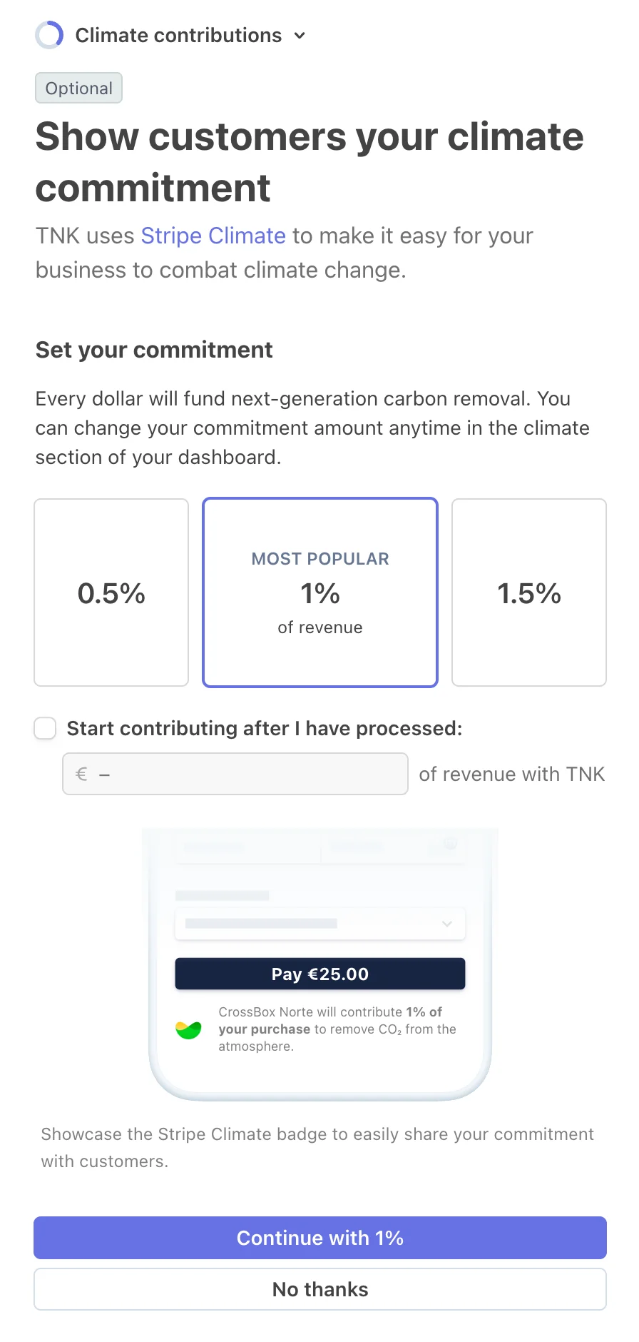 Pantalla de Stripe: Contribución al clima: es opcional